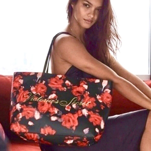 Victoria's Secret Handbags - Victoria's Secret Black and Red Floral Large Limited Edition Tote Bag NWT